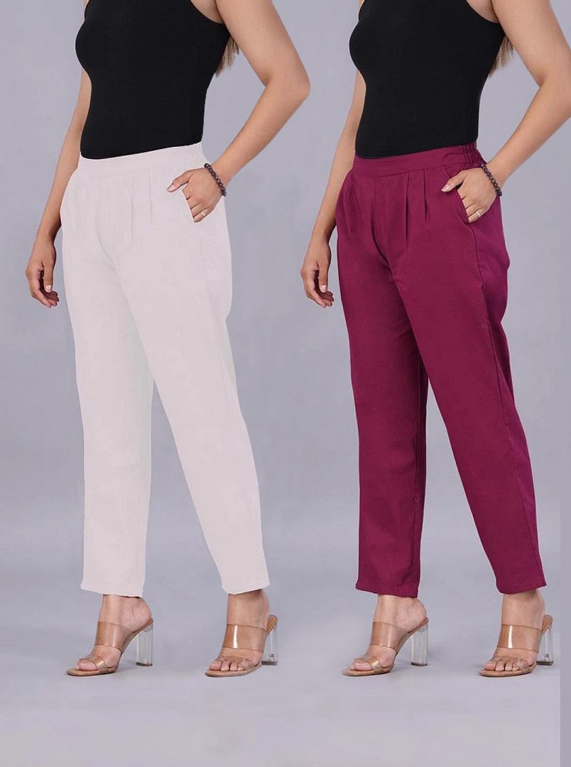 VENITYWAVE VENITYWAVE Pack of 2 Women Regular Fit White, Maroon Pure Cotton Trousers