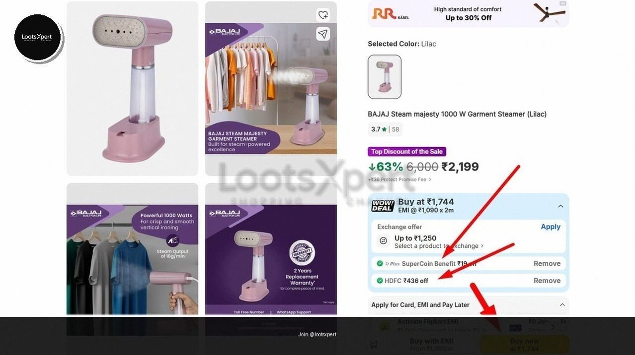 BAJAJ Steam Majesty 1000W Garment Steamer now Just ₹1744!