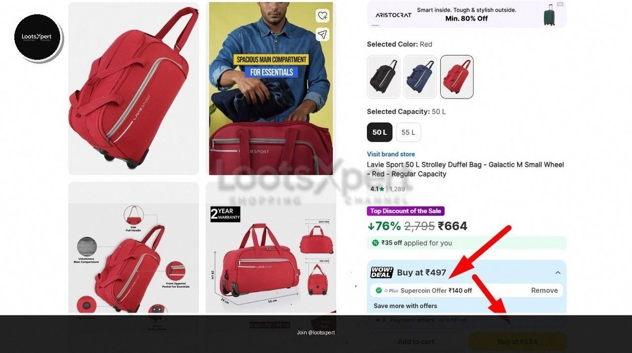 Lavie Sport 50L Duffel Bag for just ₹524