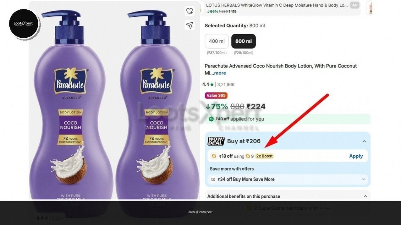 Parachute Advansed Coco Nourish Body Lotion 800 ml just ₹224!