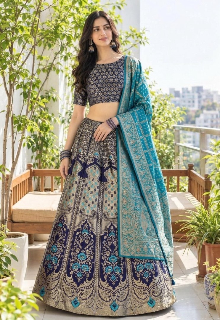 KALYANSAREES KALYANSAREES Self Design Semi Stitched Lehenga Choli (Dark Blue)