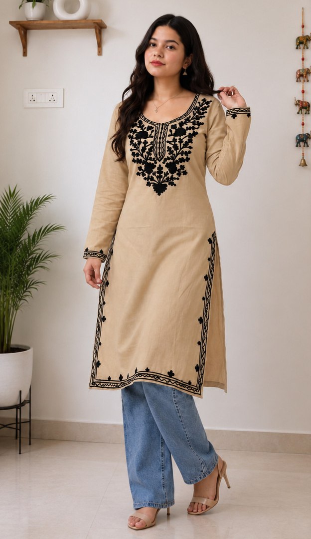 ETHNIQU ETHNIQU Embroidered Cotton Blend Straight Kurta for Women (Beige, Black)