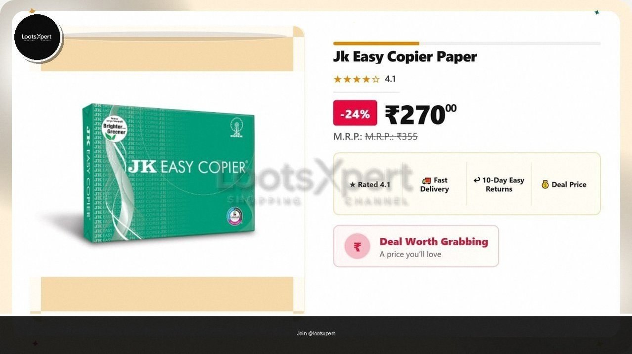 JK Easy Copier Paper, A4, 70 GSM, 500 sheets for just ₹270