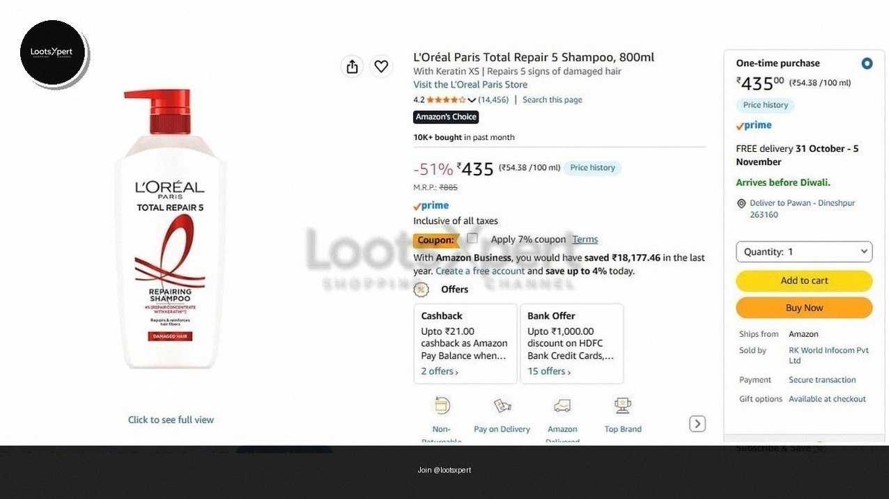 L'Oréal Paris Total Repair 5 Shampoo 800ml just ₹435