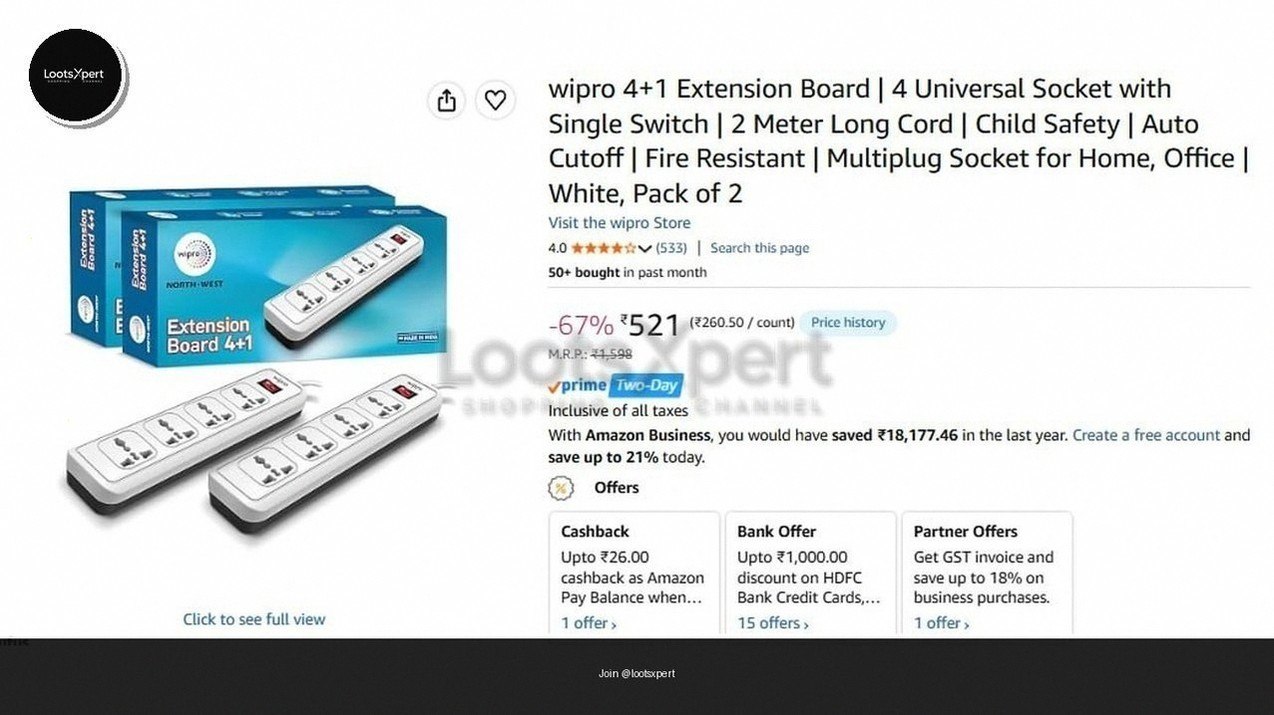 wipro 4+1 Extension Board (Pack of 2) @ ₹521