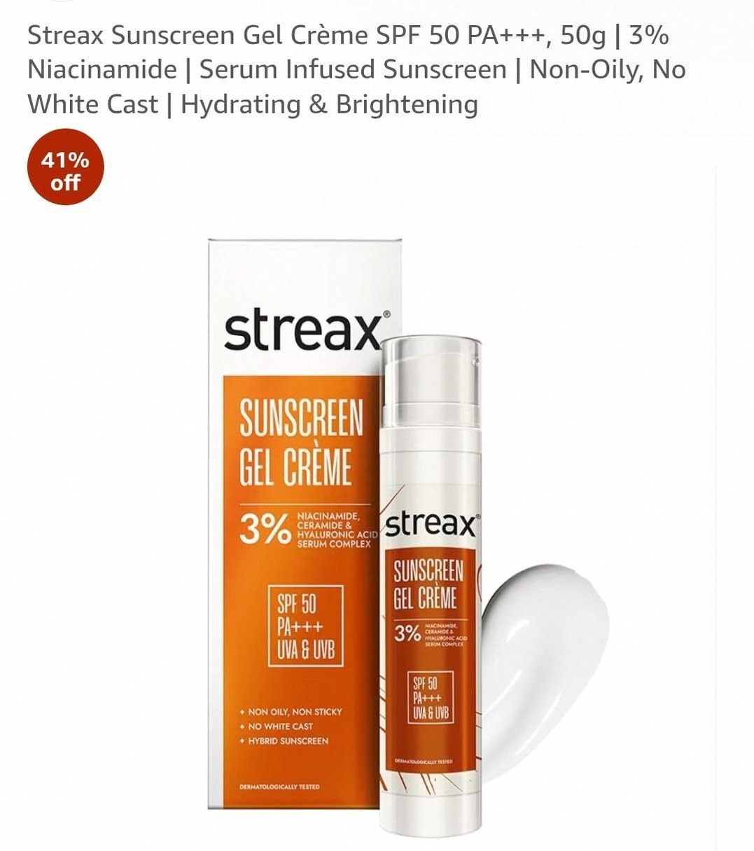 Amazon | Streax Sunscreen Gel Crème SPF 50 PA+++, 50g @ 207.
