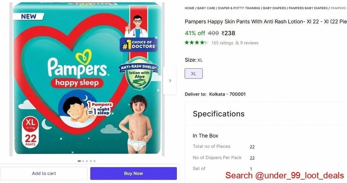 Pampers Happy Skin Pants With Anti Rash Lotion - Xl (22 Pieces) @ ₹238