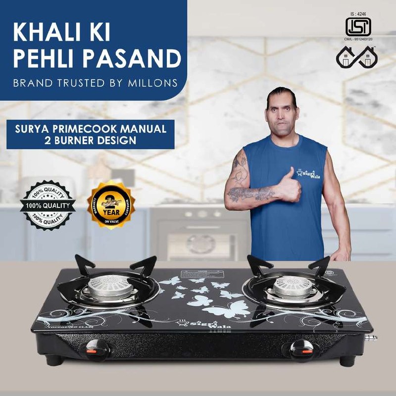 Sigri-wala Primecook Manual Cute Design Toughened Glass Gas Stove Stainless Stee...