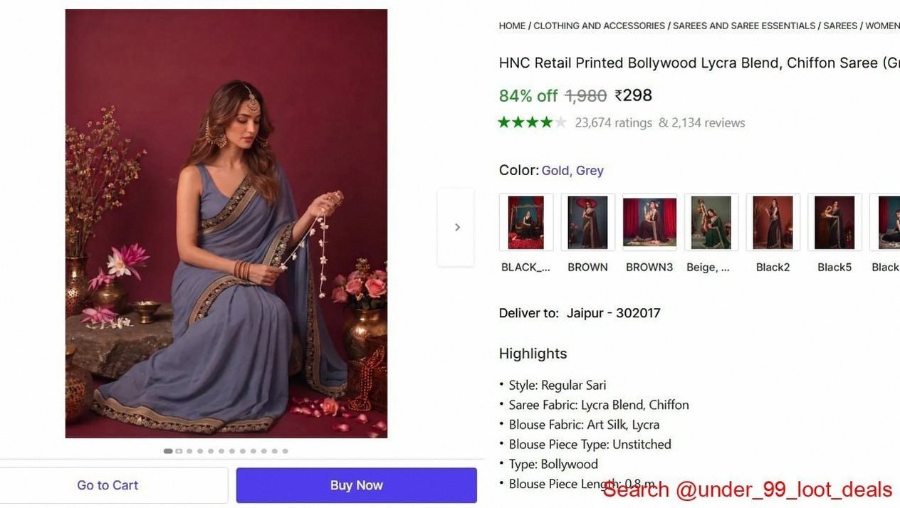 Chiffon Saree (grey, Gold) @ ₹298