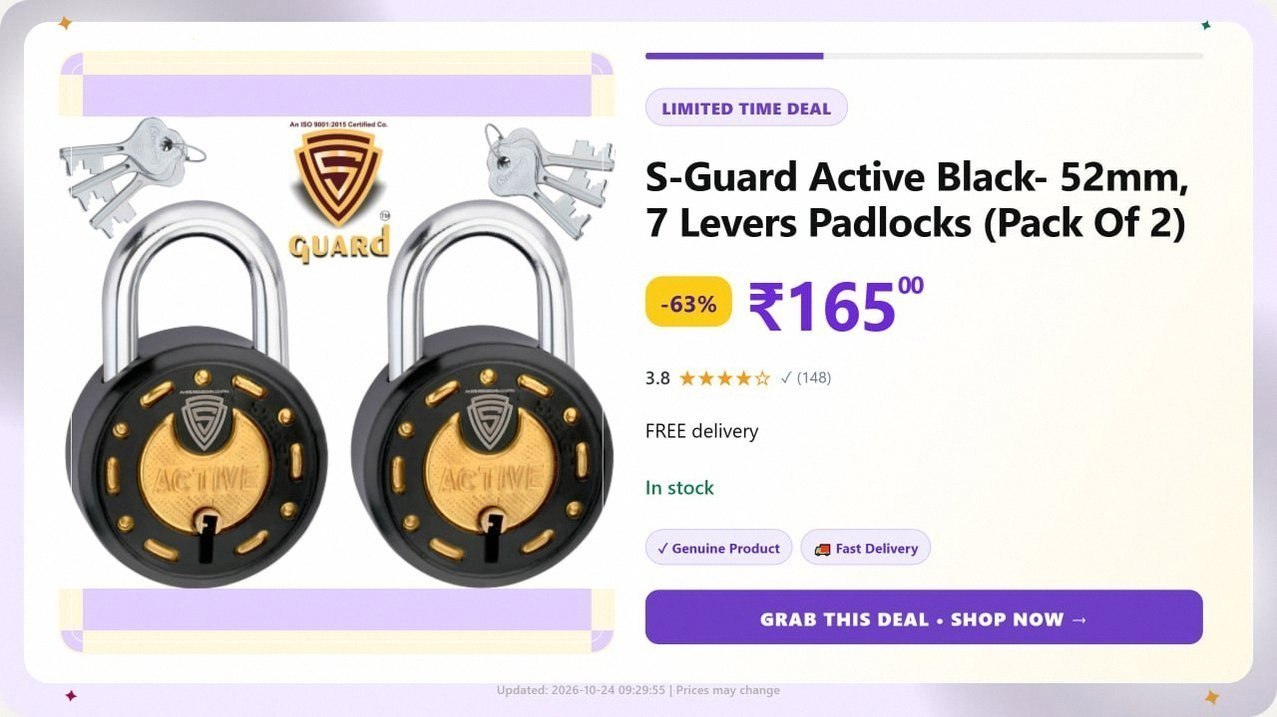 S-Guard Active Black- 52mm, 7 Levers Padlocks (Pack Of 2) @ ₹165