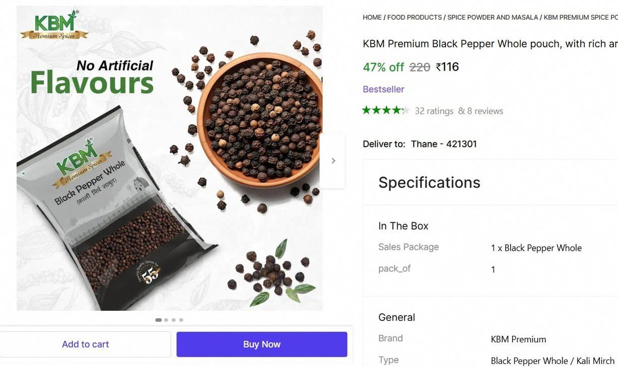 KBM Premium Black Pepper Whole Pouch (100 g) @ ₹116