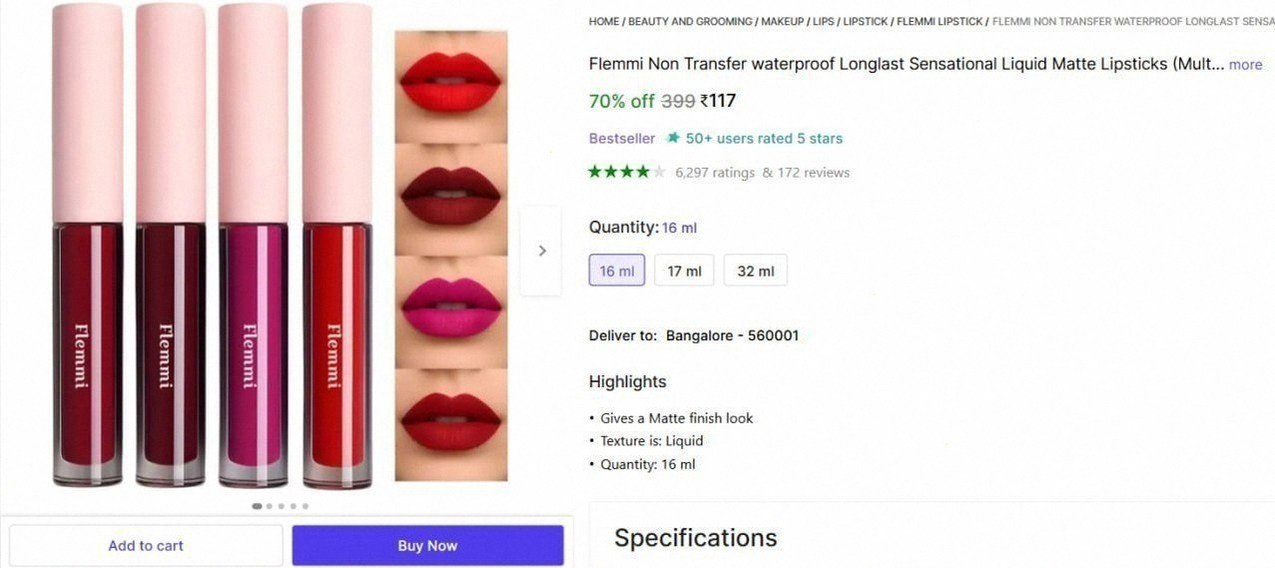 Liquid Matte Lipsticks, 4 Pcs @ ₹117