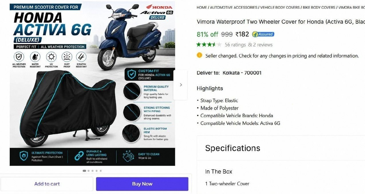Vimora Waterproof Two Wheeler Cover @ ₹182