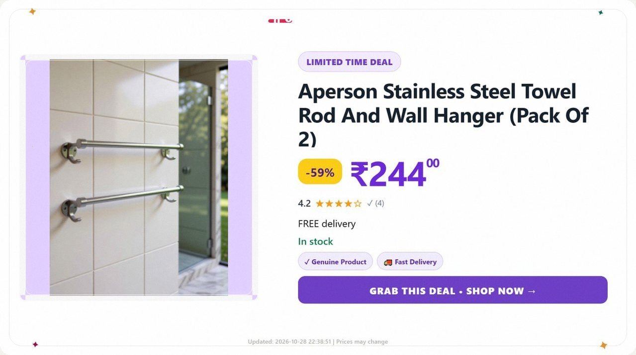 Stainless Steel Towel Rod & Wall Hanger (Pack Of 2) @ ₹244