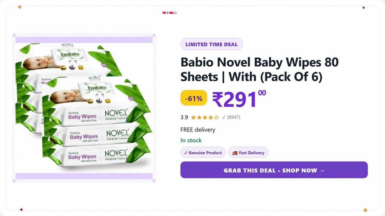 Babio Novel Baby Wipes 80 Sheets | With (Pack Of 6) @ ₹291