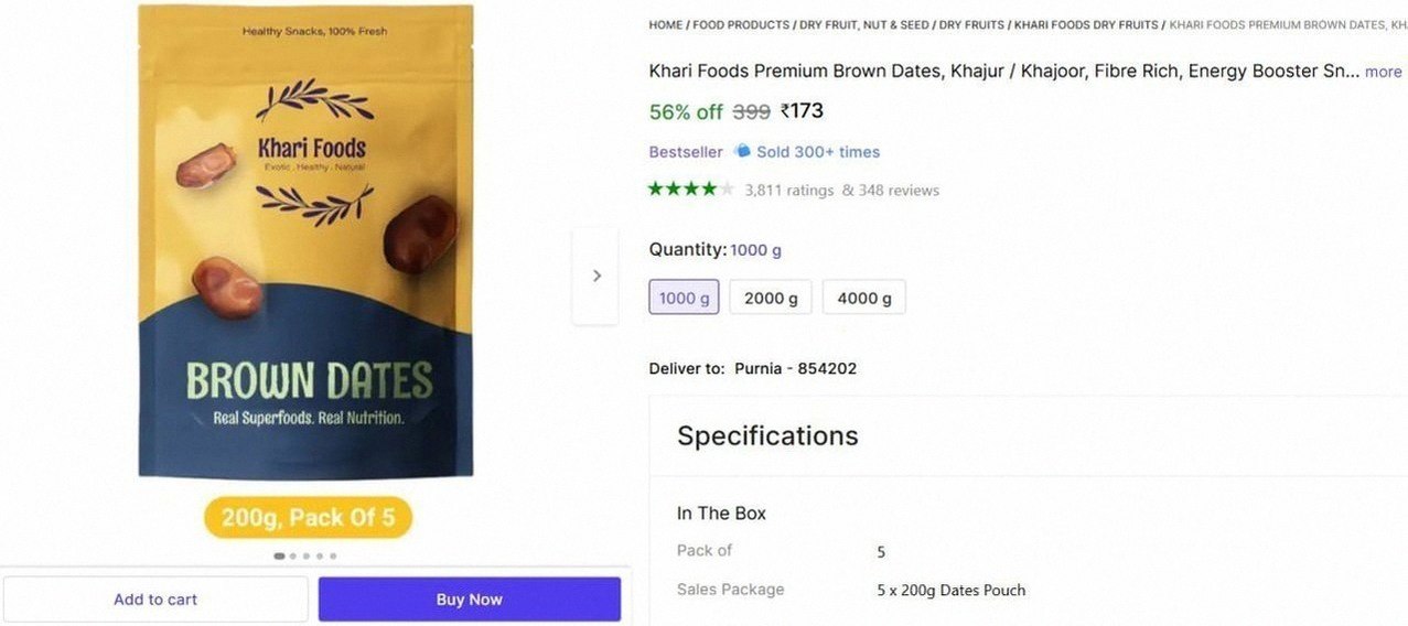 Khari Foods Premium Brown Dates, 1kg @ ₹173
