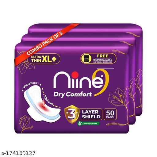 Niine Dry Comfort Ultra Thin XL+ Sanitary Napkins With 3 Layer Shield for HEAVY FLOW, Free Biodegr
