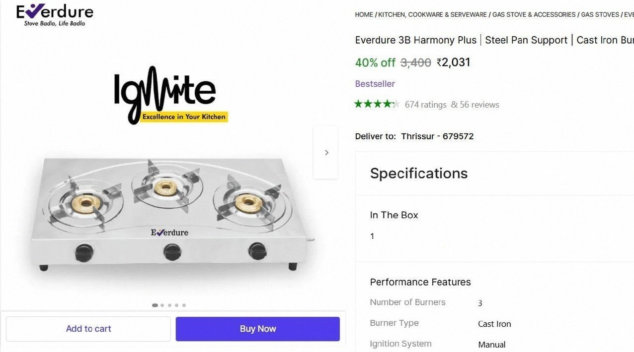 SS Manual Gas Stove (3 Burners) @ ₹2,031