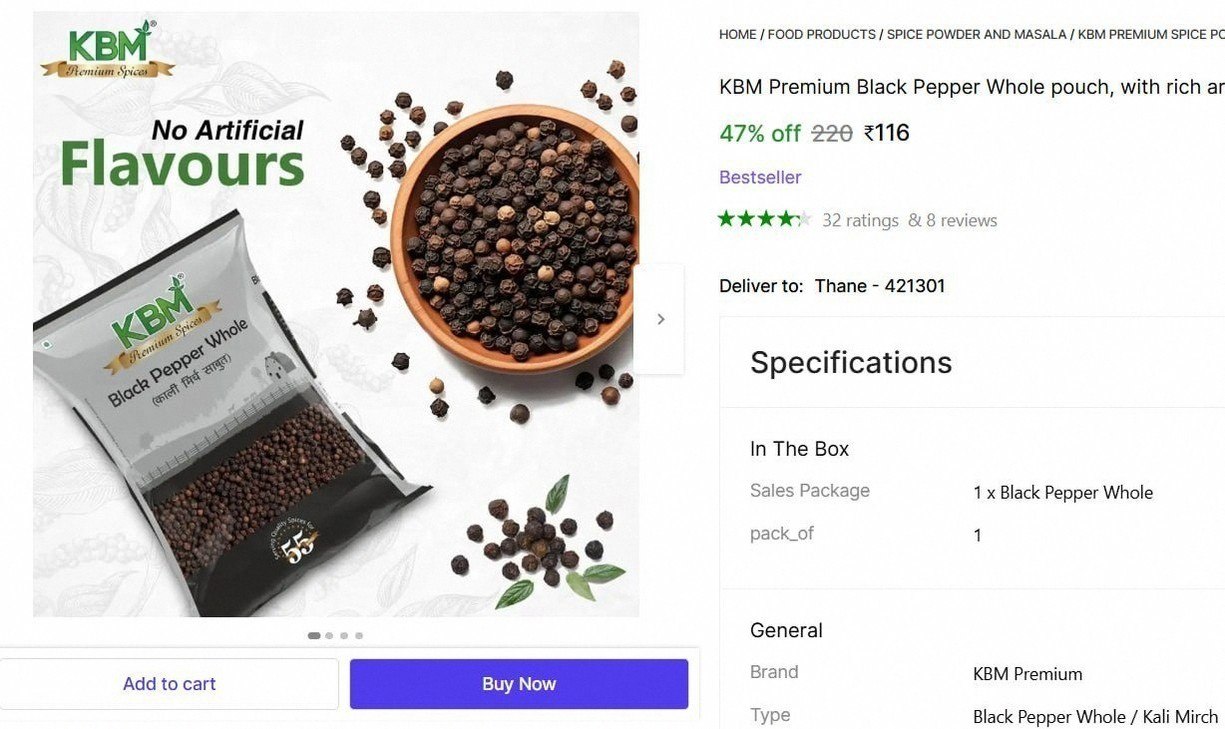 KBM Premium Black Pepper Whole Pouch (100 g) @ ₹116