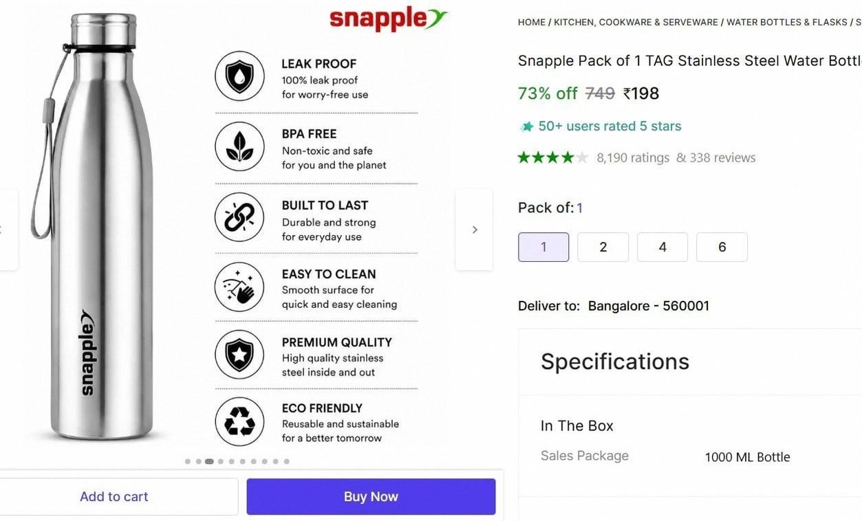 Snapple Pack 1000 Ml Bottle Steel (Pack Of 1) @ ₹198