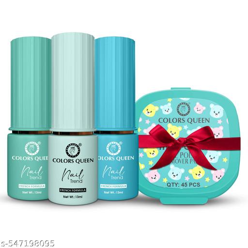 Colors Queen Nail Trend Glossy Nail Polish Combo Set of 3 Free 45 Pcs Nail Paint Remover Wipes (Tranquil Aqua, Open Sky, Freeze Please, 39ml