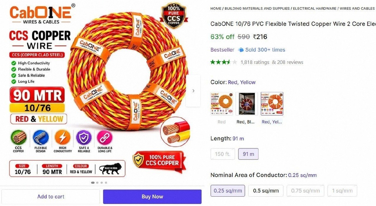 CabONE 90 MTR 0.25 sq/mm Copper Wire @ ₹216