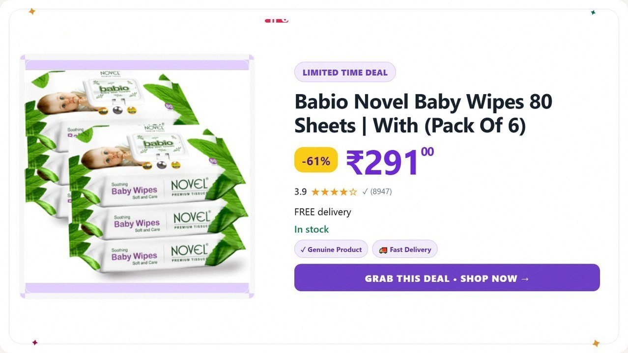 Babio Novel Baby Wipes 80 Sheets | With (Pack Of 6) @ ₹291