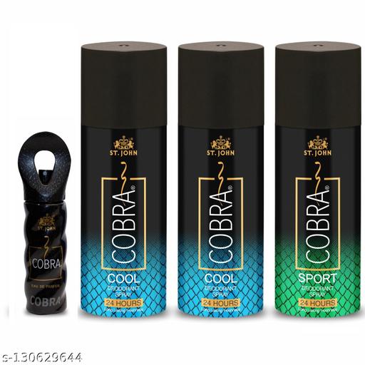 ST.JOHN Cobra Deodorant For Men & Women | 24 Hrs Freshness Long Lasting Deodorant Cool Pack of 2 & Sports and Cobra Perfume 15ml (Pack of 4)